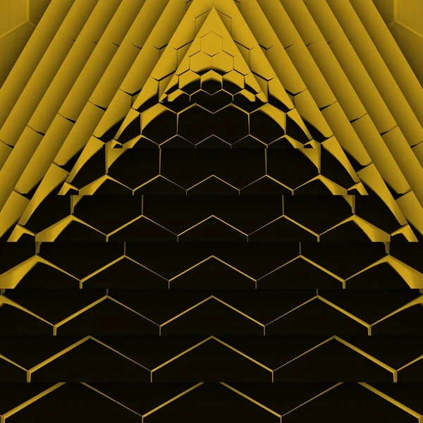 Siyah zemin üzerinde parlak sarı altıgen desenler. Karmaşık şekiller ve tasarımlar meydana getiriyorlar.