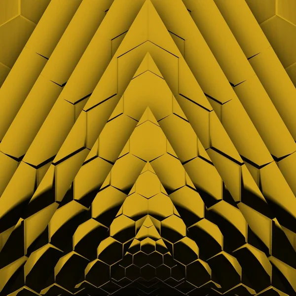 Siyah zemin üzerinde parlak sarı altıgen desenler. Karmaşık şekiller ve tasarımlar meydana getiriyorlar.