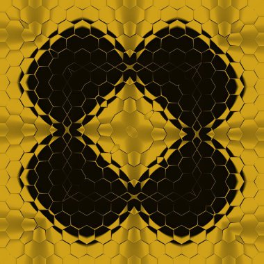 Siyah zemin üzerinde parlak sarı desenler. Karmaşık şekiller ve tasarımlar meydana getiriyorlar.