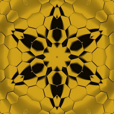 Siyah zemin üzerinde parlak sarı desenler. Karmaşık şekiller ve tasarımlar meydana getiriyorlar.