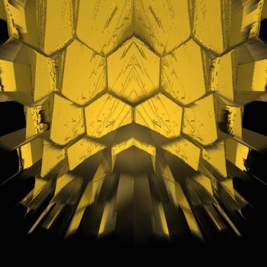 Siyah zemin üzerinde parlak sarı desenler. Karmaşık şekiller ve tasarımlar meydana getiriyorlar.