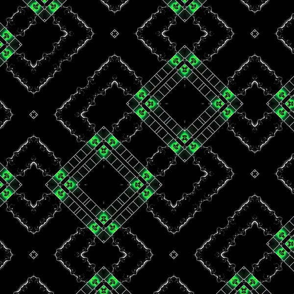 Много Вариаций Неоновом Зеленом Геометрических Шаблонов Черном Фоне Белым Лабиринтом — стоковое фото