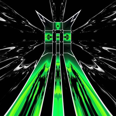 Siyah zemin üzerinde beyaz labirent tipi ızgara ile neon yeşil geometrik simetrik desenler birçok varyasyon