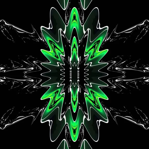 many variations in neon green geometric symmetric patterns on black background with white labyrinth type grid