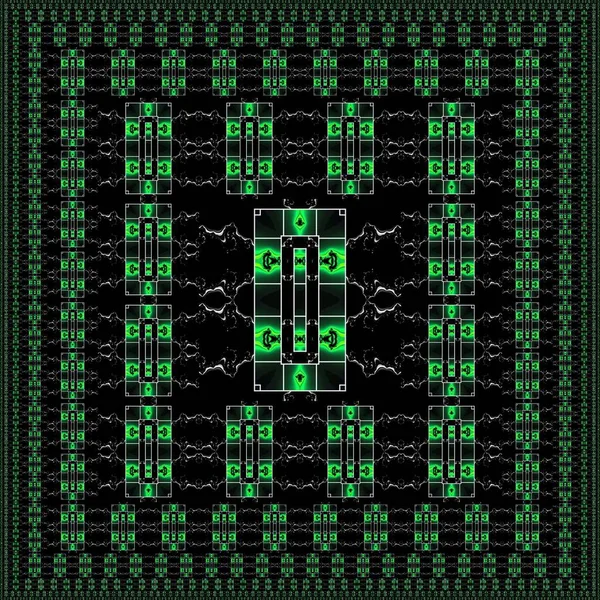 Mnoho Variant Neonově Zelené Geometrické Symetrické Vzory Černém Pozadí Bílým — Stock fotografie