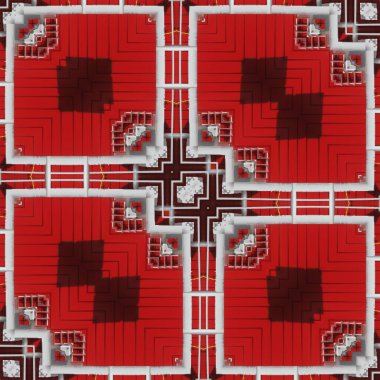 Gümüş ve gri borular, ekipman desenleri ve tasarımları ile endüstriyel alana kırmızı ve siyah giriş kapısı