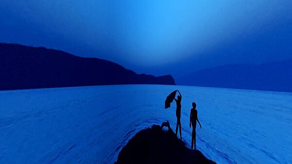 late evening blue hour 2 silhouettes on the empty n-beach Chania Crete