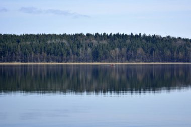 Göllerin ayna yüzeyi karşı kıyıda duran yeşil ormanı yansıtır. Kırsalda dinlenmek için bir yer.