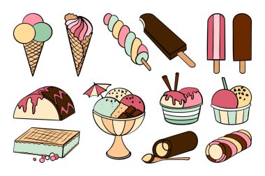 Farklı dondurma türleri olan el çizimi renkli karalamalar: waffle külahı, fincan dondurma, buzlu şeker..