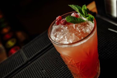 Böğürtlenli limonata tezgahta nane ile süslenmiş.