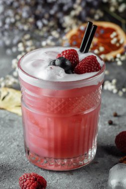 Buzlu ahududu ve yabanmersininden yapılmış meyve püresi. Süslü arka planda yabanmersini ve ahududu kokteyli..