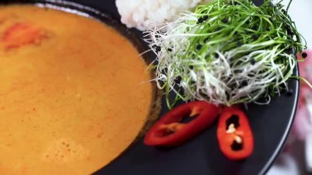 Tasty Tom Yum soup with shrimps and coconut milk. — Stock Footage Tasty Tom Yum Soup Shrimps Coconut Milk Royalty Free Stock Video