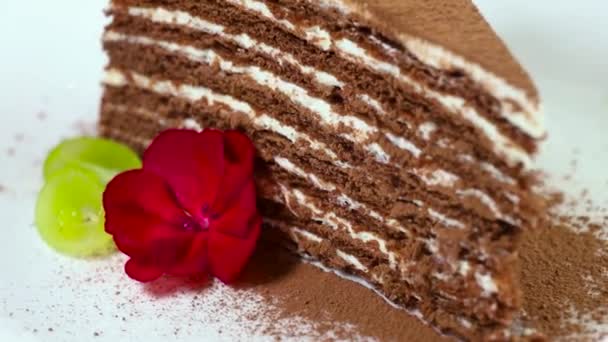 Çikolatalı ballı kek Medovik. Bir parça çikolatalı bal beyaz bir tabakta döner. — Stok video