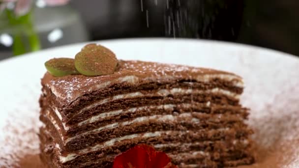 Ciasto czekoladowo-miodowe Medovik. Kawałek ciasta czekoladowego obraca się na białym talerzu — Wideo stockowe