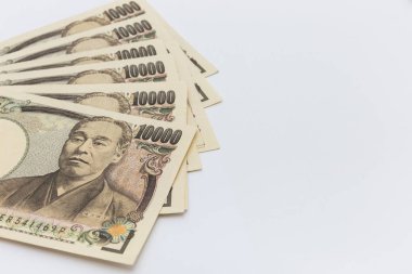 Japon yen banknotlar kavramı kopya alan arka plan beyaz zemin üzerine