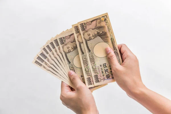 Empresaria Dando Dinero Sosteniendo 000 Yenes Japoneses Dinero Mano Aislado — Foto de Stock