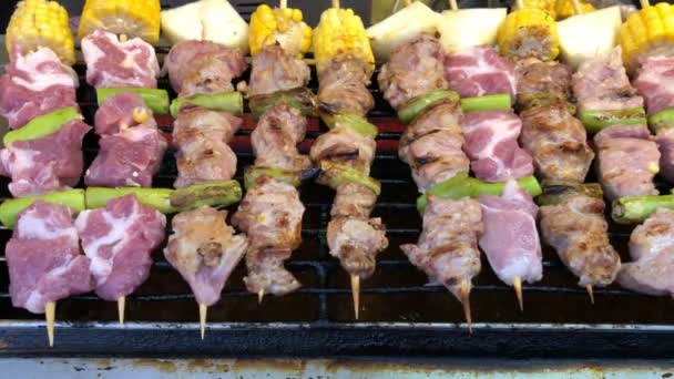 Barbacoa Con Parrilla Carne Verduras Pinchos — Vídeos de Stock