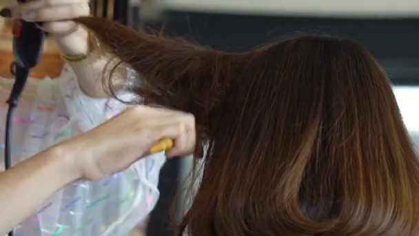 Gros Plan Femme Salon Coiffure Obtenir Une Coupe Cheveux Séchage — Video