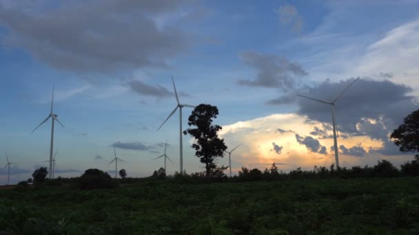 Turbine Windpark Natuur Van Prachtige Zonsondergang Tijdig Opwekking Van Elektriciteit — Stockvideo