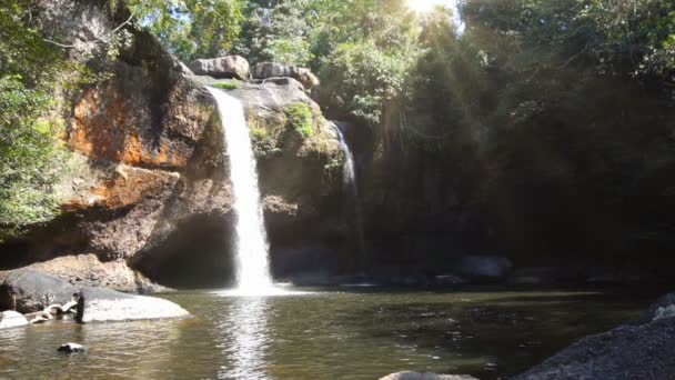 美丽的深森林瀑布在豪苏瓦瀑布与阳光 考艾国家公园 慢动作120帧 — 图库视频影像