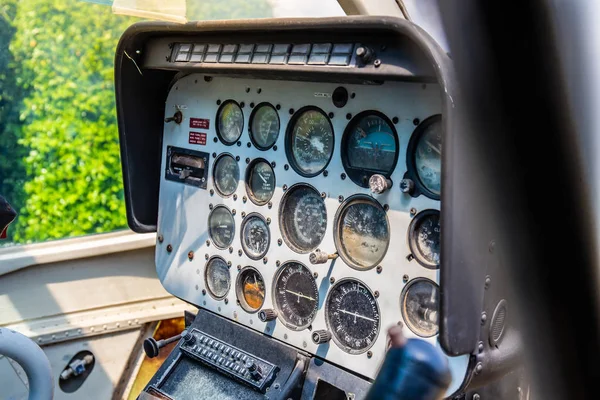 Closeup of retro aviation, aircraft control panel dashboard.