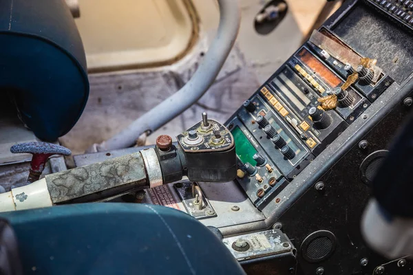 Closeup of retro aviation, aircraft control panel dashboard.