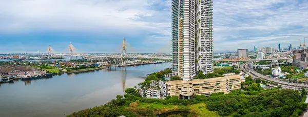 Panoramatický Pohled Panorama Bangkoku City Most Bhumibol Městským Mrakem Thajsko — Stock fotografie