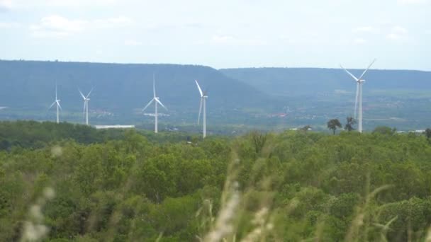 Turbinas Energía Eólica Medio Naturaleza Garganta Árboles Cielo Fondo Generador — Vídeo de stock