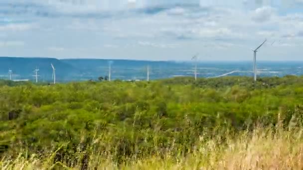 Turbinas Energía Eólica Medio Naturaleza Garganta Árboles Cielo Fondo Generador — Vídeo de stock