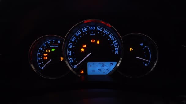 Modern Car Dashboard Various Status Symbols Night Time — Stock Video