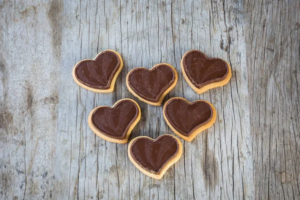 Chocolate Heart Wooden Background Gift Valentine Day Love Select Focus — ストック写真