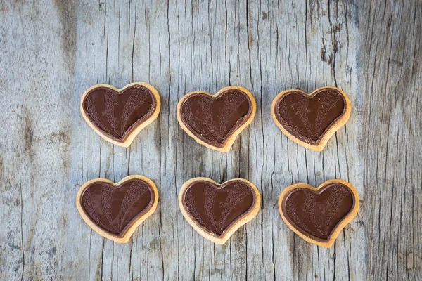 Chocolate Heart Wooden Background Gift Valentine Day Love Select Focus — ストック写真