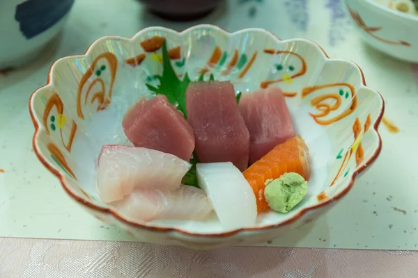 Salmon Tuna Sashimi Japanese Dish Vegetables Flowers Wasabi Table — Stock Photo, Image