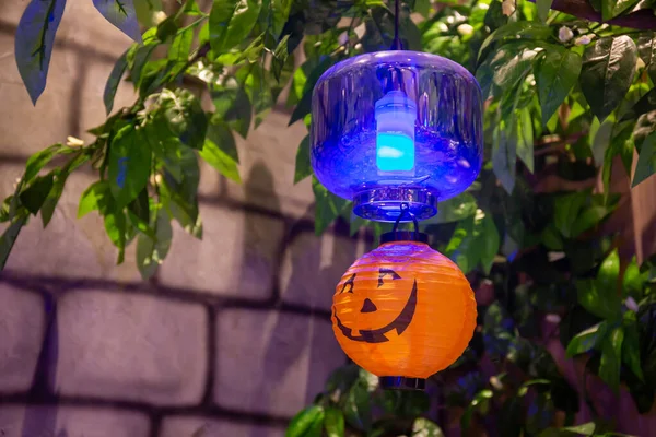 Pumpor Med Ljus Dekorerade Träd Halloweenfest — Stockfoto