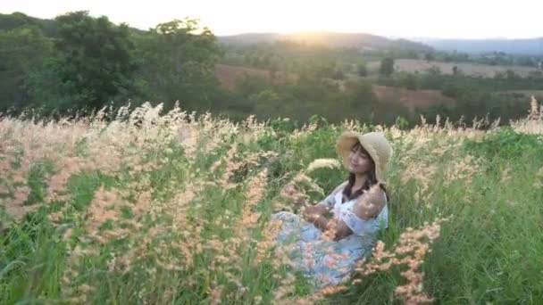 山の中の草の上に座っている美しい女性は 太陽がリラックスしてロマンチックな気分で夕日の近くに沈むとき — ストック動画