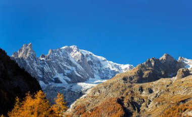 Sonbaharda kocaman karlı dağlar ve renkli ağaçlar.
