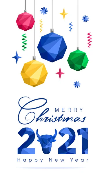 2021年圣诞快乐 新年快乐 蓝色字母 白色背景 球和年标志标志 2021年多边形蓝色数字标识的矢量图解 — 图库矢量图片
