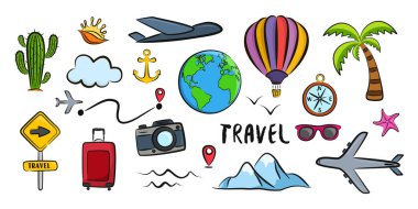 Beyaz arka plandaki renkli karalama seyahat simgeleri ve elementleri kavramsallaştır. İzole çizim vektörü illüstrasyonu.