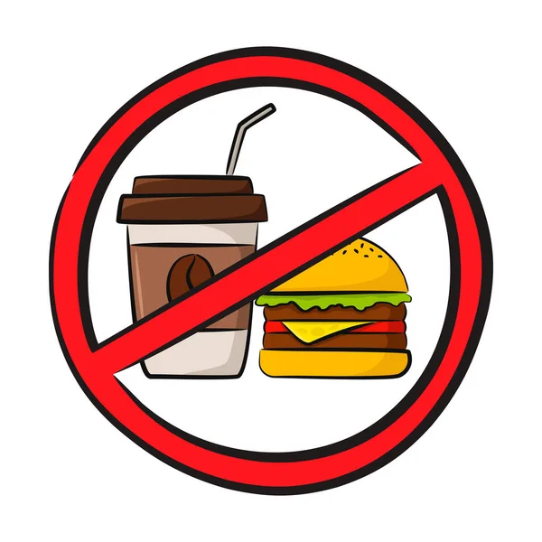 Tabela yiyecek kullanımını yasaklıyor. Bir bardak kahve ve çizburgerle. Fast food. Düz bir şekilde vektör illüstrasyonu.