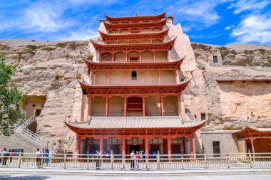 Dunhuang, Çin 'deki Mogao Grottoes 9 katlı UNESCO Dünya Kültür Mirası