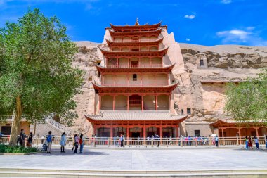 Dunhuang, Çin 'deki Mogao Grottoes 9 katlı UNESCO Dünya Kültür Mirası