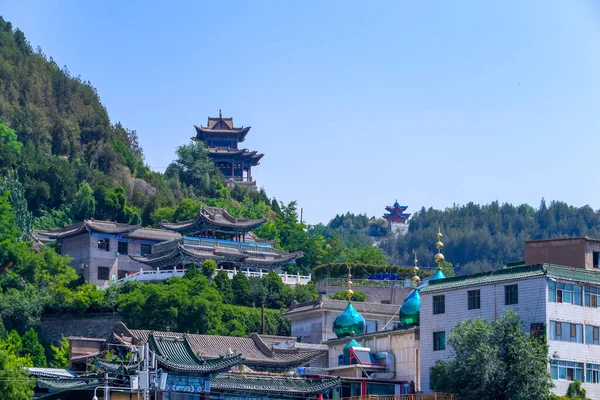 Panorama Města Lanzhou Severní Číně Hui Mešita Minaret Výhledem Město — Stock fotografie