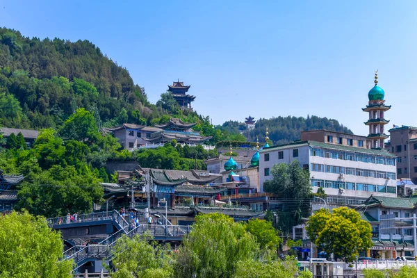 Skyline Von Lanzhou City Nordchina Hui Moschee Und Minarett Mit — Stockfoto