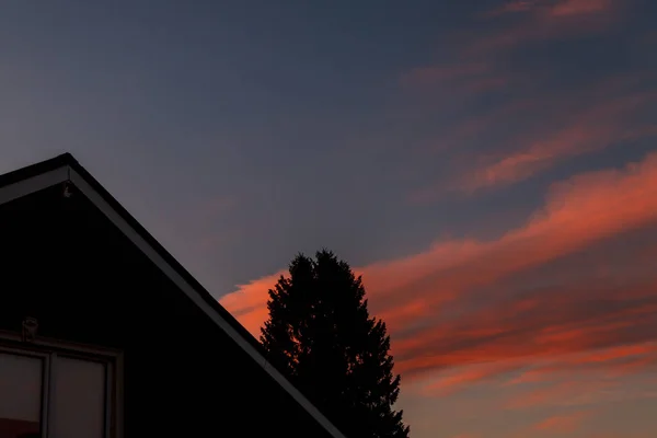 Casa Telhado Árvore Superior Contra Pôr Sol Fundo Céu Azul — Fotografia de Stock