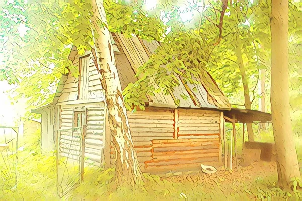 Illustrazione Casa Legno Nella Foresta Del Mattino Sogno Mattutino Spazio — Foto Stock