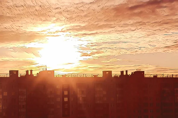 Llüzyon Şehir Ufkunda Renkli Gün Batımı Binaları Çevreleyen Muhteşem Bulutlar — Stok fotoğraf