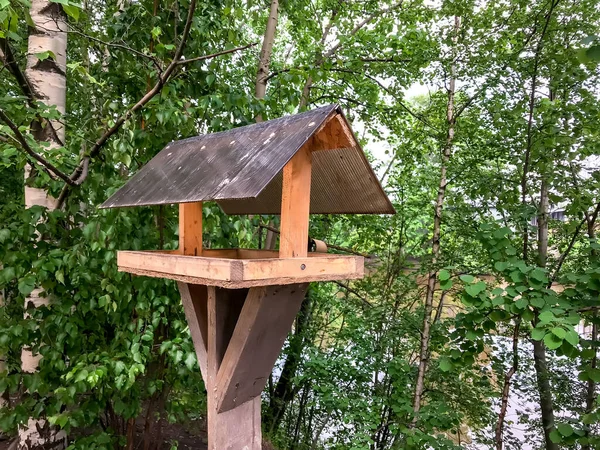 鳥の餌だ 鳥のための棒に家 楽しいアパート 川岸で鳥に餌を与えるためのシンプルなデザイン 鳥の繁殖のための避難所 庭の鳥の飼料 テキストまたはロゴのスペース — ストック写真