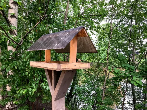 鳥の餌だ 鳥のための棒に家 楽しいアパート 川岸で鳥に餌を与えるためのシンプルなデザイン 鳥の繁殖のための避難所 庭の鳥の飼料 テキストまたはロゴのスペース — ストック写真