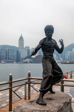 Hong Kong, Şubat 2014: Megalopolis 'teki Hong Kong adasında rıhtım. Manzaralı ve manzaralı büyük Asya şehrinin turistik beldesi. Toprak setin kentsel manzarası. Bruce Lee Yıldızlar Bulvarı