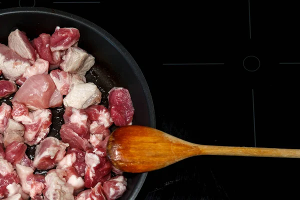 Surowe Kawałki Mięsa Bliska Surowe Mięso Wieprzowe Tle Gotowania Mięsa — Zdjęcie stockowe